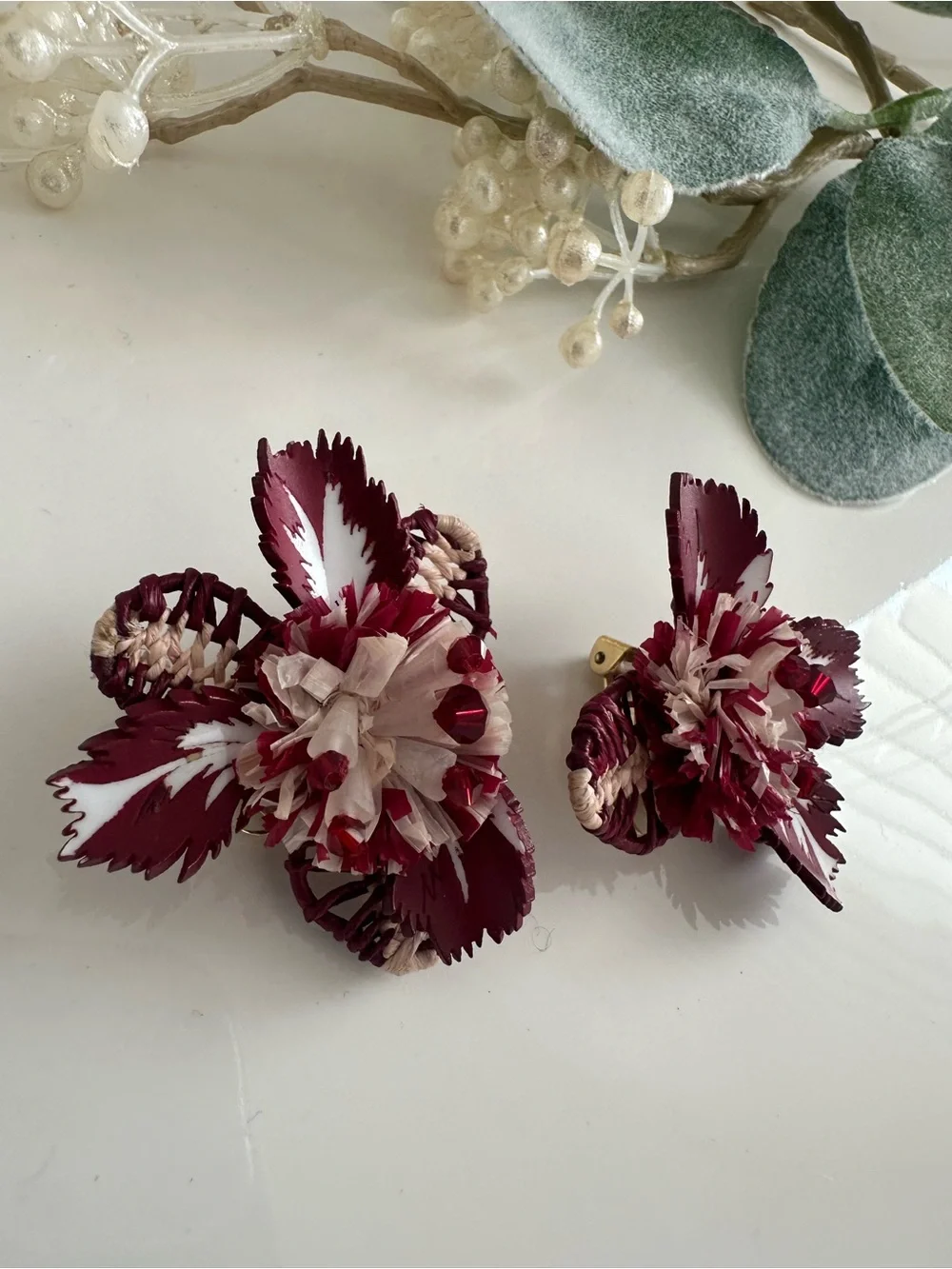 Oscar de la Renta Tropical Flower Earrings Burgundy Red Clip On